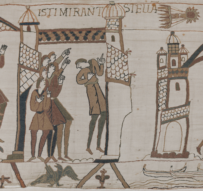 Detail from the Bayeux Tapestry depicting a comet, believed to show Halley's Comet's appearance in 1066
