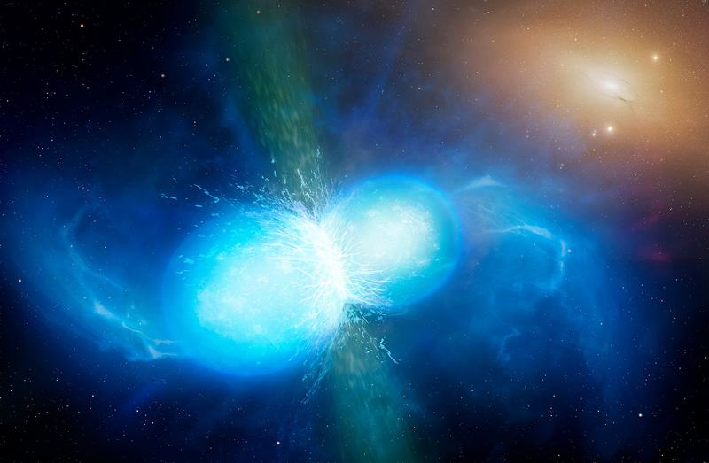 Umělecké znázornění dvou neutronových hvězd slévajících se a explodujících jako kilonova