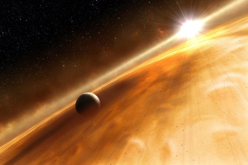 Kunstnerisk fremstilling av exoplaneten Fomalhaut b i bane inne i en stor støvring