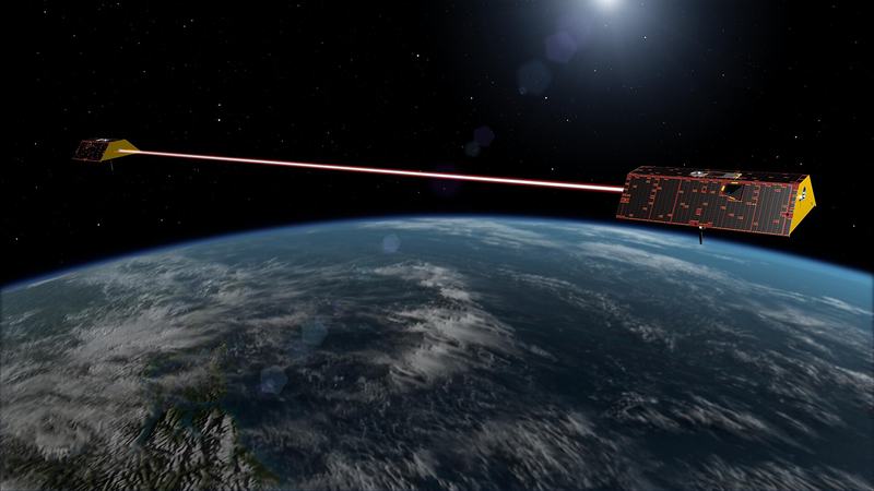 Illustration of the twin GRACE-FO satellites in orbit
