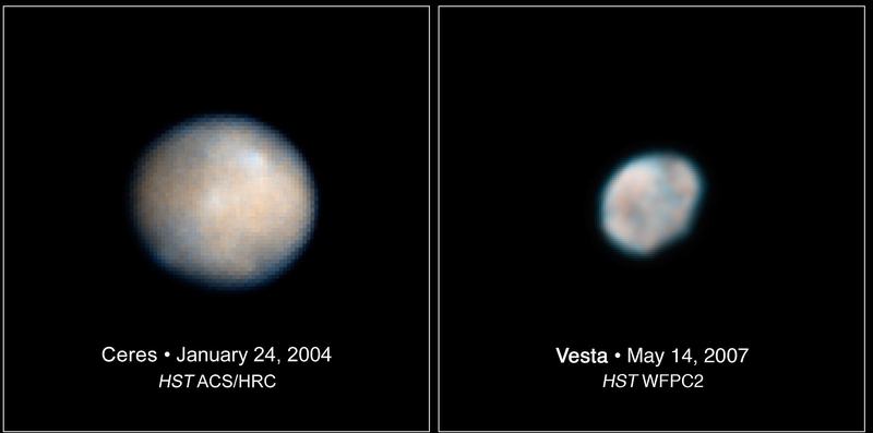 Bilder fra romteleskopet Hubble av asteroidene Vesta og Ceres side om side