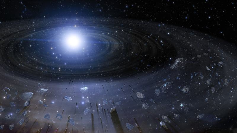 Illustration de débris rocheux en spirale vers une naine blanche