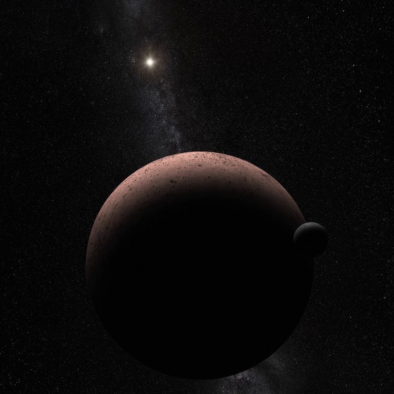 Concept artistique de la planète naine Makemake avec sa lune lointaine et sombre en arrière-plan