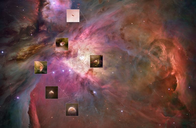 Hubbleho vesmírny ďalekohľad obrázok hmlovina Orióna s niekoľkými zvýraznenými propydy