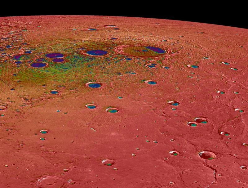 Mercury's north polar region colored by maximum surface temperature, from above 400 K (red) to 50 K (purple)