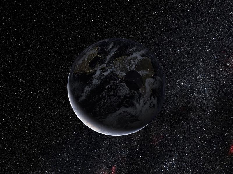 Kunstnerisk fremstilling av skyggen Eris kastet over jorden under stjerneokkultasjonen i november 2010
