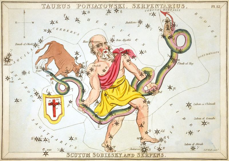 Historické hvězdné atlasy deska z Urania's Mirror zobrazující Serpentarius, Scutum Sobiesky a Serpens