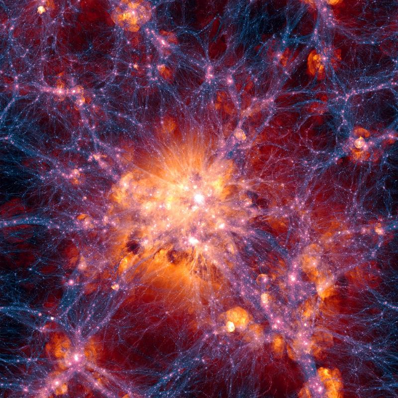 Simulovaná kosmická síť temných hmotových vláken a shluko galaxií