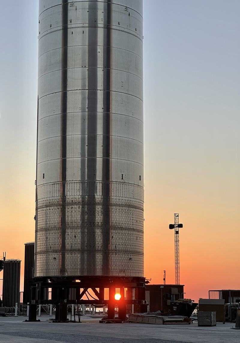 SpaceX Super Heavy booster at sunset at Starbase