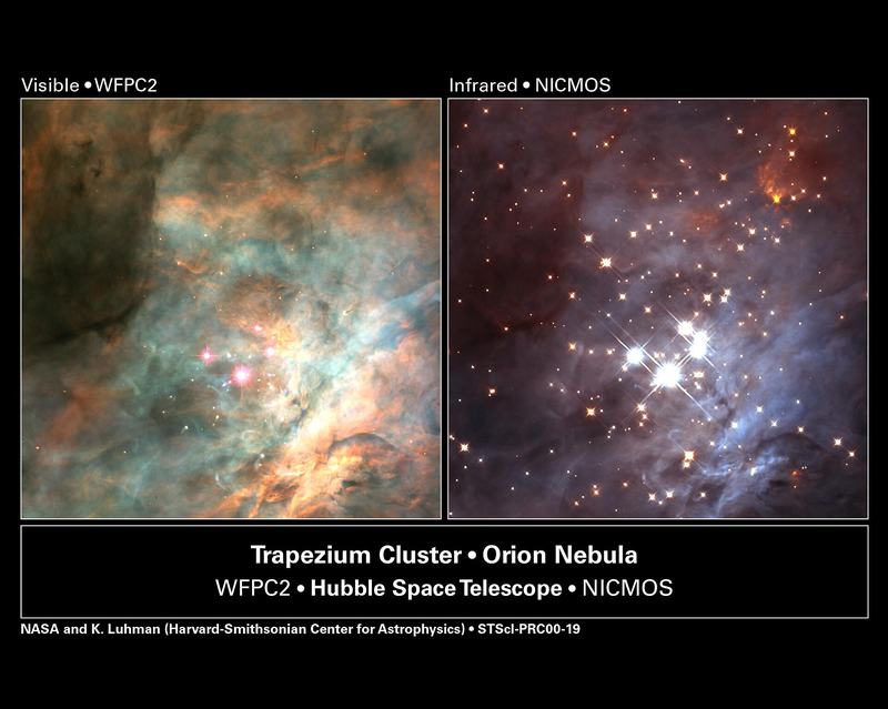Hubbleho obrázok porovnávajúci viditeľné svetlo a blízke infračervené pohľady na Lichobežník v srdci hmlovina Orióna