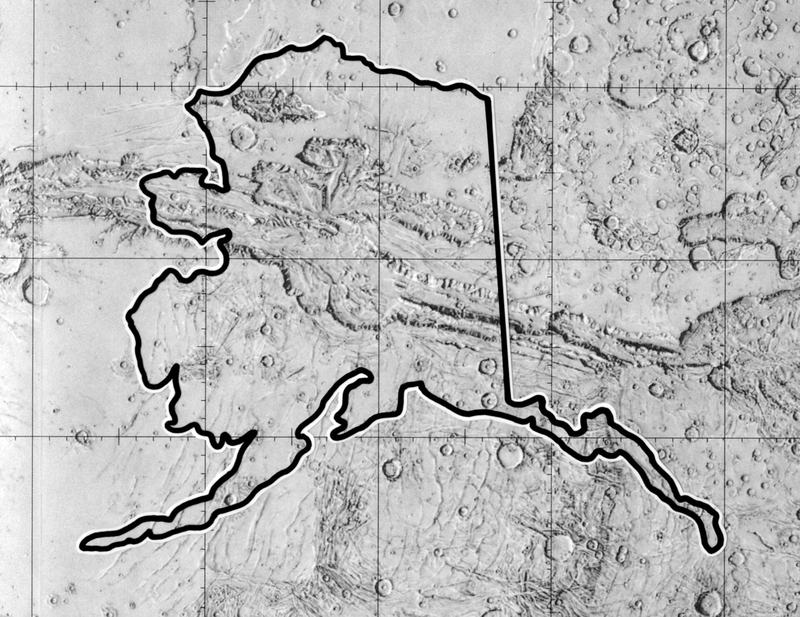 The central section of Valles Marineris shown at the same scale as Alaska