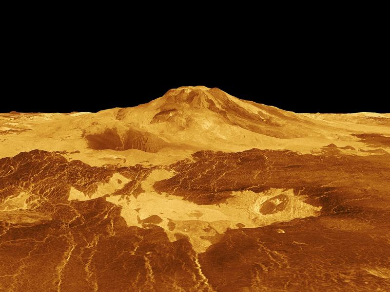 Arvutiga genereeritud 3D perspektiivvaade Veenuse vulkaanile Maat Monsi, Magellan radari andmetest ehitatud