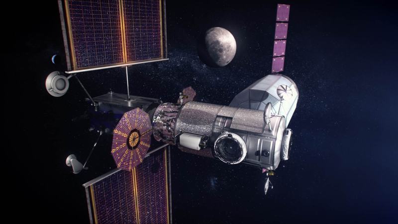 Concept art of the Lunar Gateway with its Power and Propulsion Element and HALO module