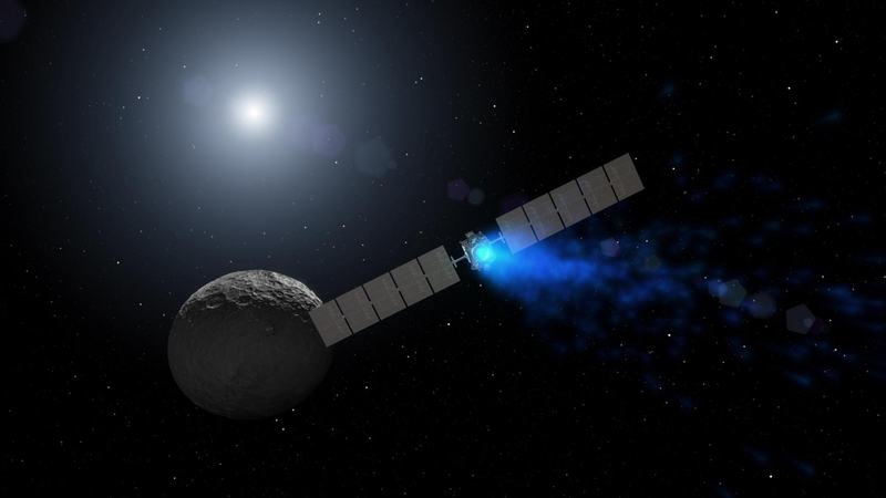 Kunstners fremstilling av romsonden Dawn som manøvrerer over Ceres med sitt ionedrivverk