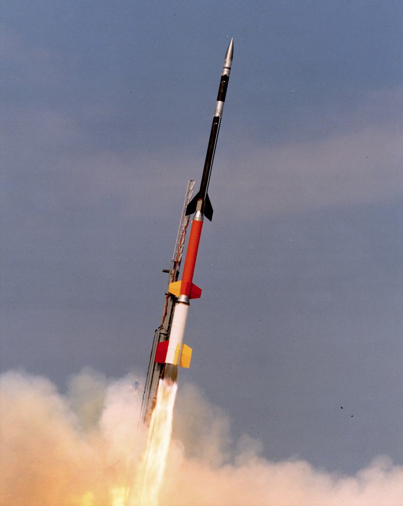 A Black Brant sounding rocket lifting off from a launch pad