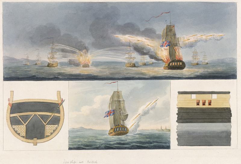 Historic illustration of Congreve rockets being fired from ships