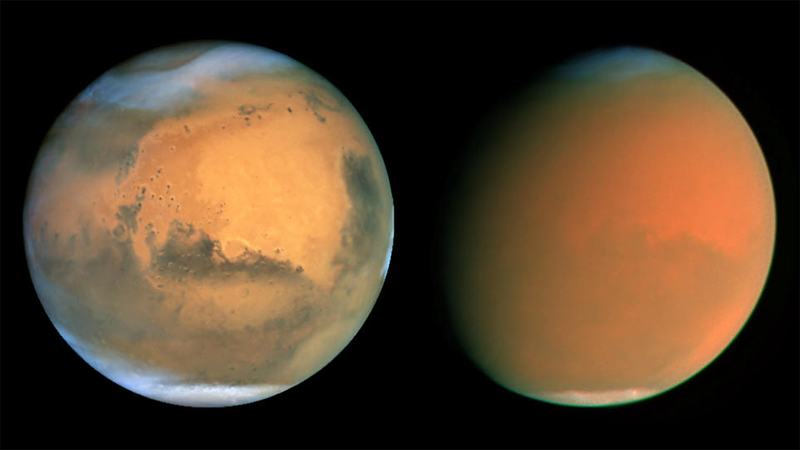 Two Hubble Space Telescope images of Mars before and during a global dust storm
