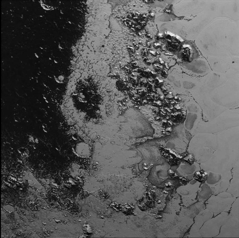 Close-up of a mountain range within Pluto's Tombaugh Regio