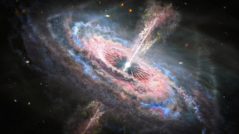 Kunstners koncept af en fjern quasar drevet af et supermassiv sort hul